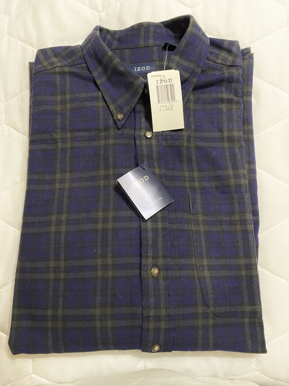 Izod Men’s Navy and Green Flannel Plaid Button-Down XL Shirt NWT